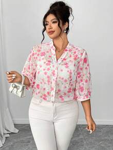 Elenzga Áo kiểu nữ cỡ lớn tay phồng cổ bẻ in họa tiết 3D, thanh lịch và lãng mạn, thích hợp cho hẹn hò, đi chơi, dự tiệc, trà chiều, du lịch thường ngày, màu hồng. - Nhiều màu - Xem 1