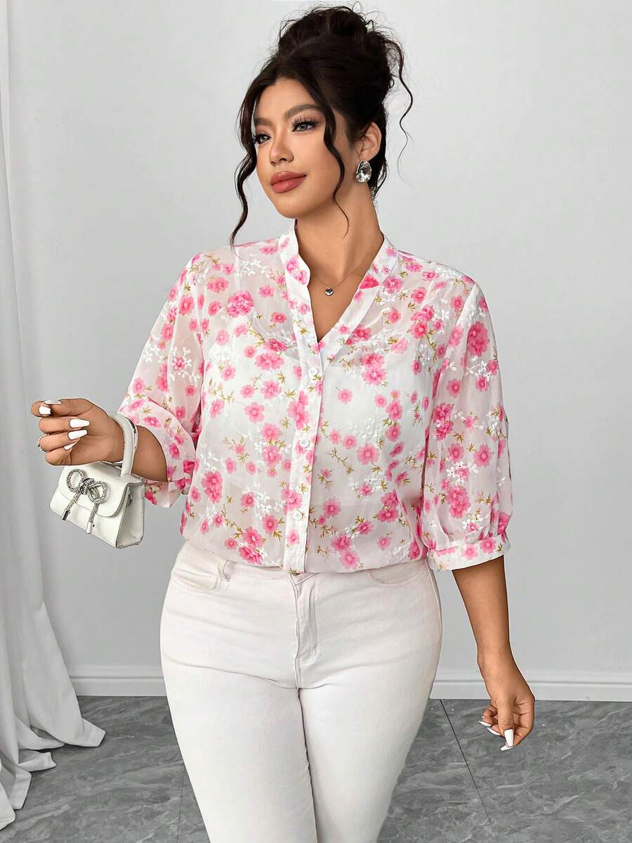 Elenzga Áo kiểu nữ cỡ lớn tay phồng cổ bẻ in họa tiết 3D, thanh lịch và lãng mạn, thích hợp cho hẹn hò, đi chơi, dự tiệc, trà chiều, du lịch thường ngày, màu hồng. - Nhiều màu - Xem 1