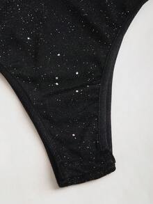 Sweetra Women's Fashionable Bodysuit, Sexy Rhinestone Shiny Deep V Backless Slim Fit Black Bodysuit, Spring/Summer - Black - View 6