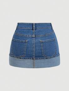 SHEIN MOD 女士休闲水洗做旧牛仔迷你裙，夏季 - 藍色 - 查看 2