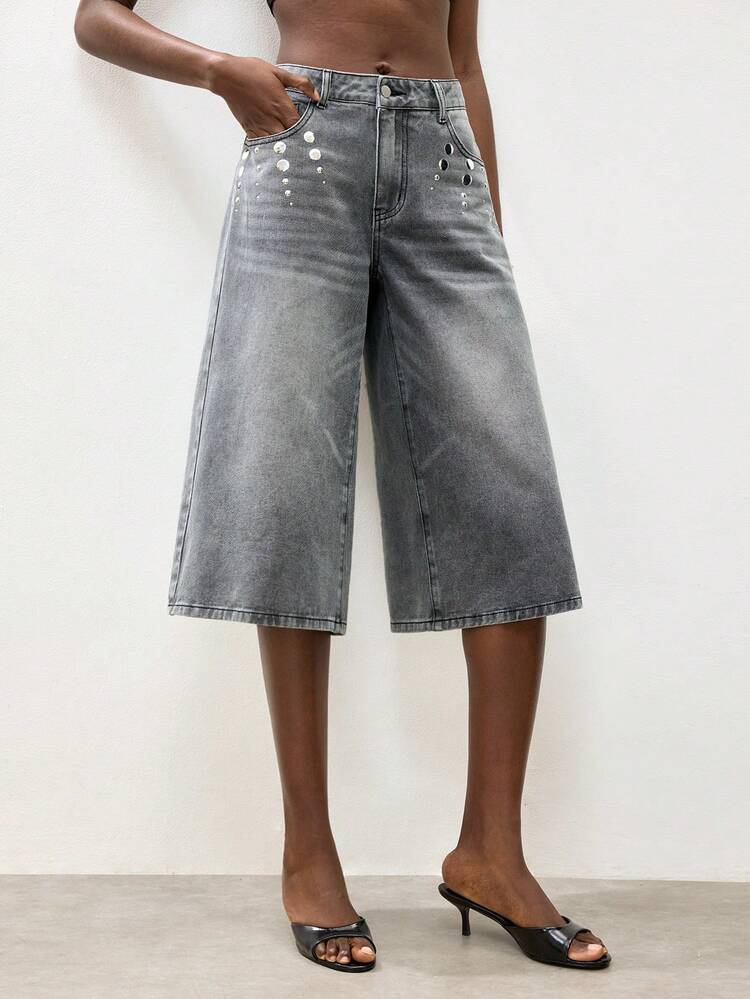 SHEIN Maija Women's Casual Washed Wide Leg Capri Length Jeans