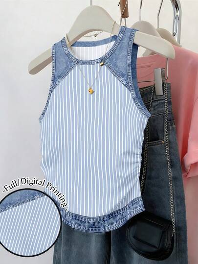 Resyla Women's Waist Cinched Multicolor Stripe Denim Patchwork Print Graphic Tee Tank Top Shirt