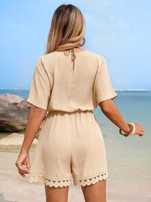 Swim Lushoire Bộ áo liền quần nữ mùa hè tay cánh dơi cổ chữ V thắt nơ tua rua phối ren tròn. - Màu Khaki - Xem 2