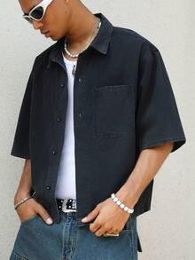 Manfinity EMRG Men's Casual Street Style Embroidered Loose Denim Short Sleeve Shirt - Black - View 3