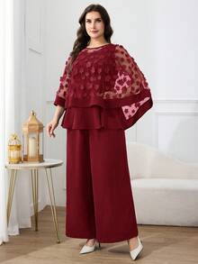 Modelyn 两件套加大码女式藏蓝色3D立体花卉装饰网纱拼接圆领上衣和纯色阔腿裤套装，适合派对、婚礼、正式场合、晚宴等场合。 - 酒紅色 - 查看 7