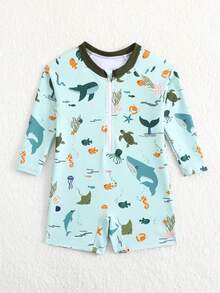 男婴连体长袖泳衣，沙滩防晒泳装 - 薄荷綠 - 查看 4