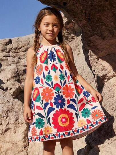 SHEIN Young Girl Ditsy Floral Sleeveless Casual Dress Floral Dress Kids Kids Beach Dress Sundress Kids Kids Colorful Dress Kids Sun Dresses
