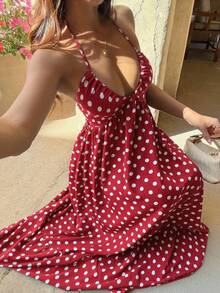 Sunnyshic 女士黑色波点深V领露背系带长裙，性感优雅的欧美风格，适合春夏海滩度假 - 彩色 - 查看 3