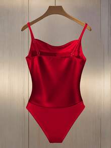 SHEIN LUNE 女士吊带荷叶边按扣修身连体衣 - 紅色 - 查看 2