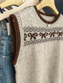 Franclia Light Beige,Autumn,Retro Vintage,School,Back-To-School Sleeveless Knit Top With Bowknot,Ribbed Trim,Contrast Binding,Comfortable Skin-Friendly Piece - Mocha Brown - View 4
