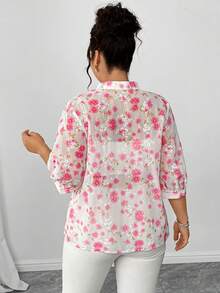 Elenzga Áo kiểu nữ cỡ lớn tay phồng cổ bẻ in họa tiết 3D, thanh lịch và lãng mạn, thích hợp cho hẹn hò, đi chơi, dự tiệc, trà chiều, du lịch thường ngày, màu hồng. - Nhiều màu - Xem 2