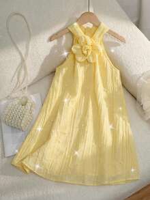 SHEIN Vestido sin mangas de línea A con cuello de halter, textura de tela sólida amarilla, con cuentas, para niña preadolescente, vestido de primavera y verano - Amarillo - Ver 2