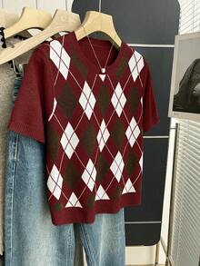 Franclia New Arrival Spring/Summer Retro College Style Colorblock Plaid Knit Pullover Sweater For Women - Burgundy - View 3