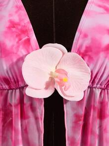 Zestiva 女士夏季海滩度假随机扎染印花3D花卉装饰吊带露背性感吊带背心和比基尼套装 - 粉色 - 查看 6