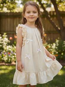 SHEIN Young Girl Woven Round Neck Ruffle Hem Casual Dress Boho Flower White Summer Party Apricot Tan Neutral Nude Beige Dress For Girls - Beige - View 6