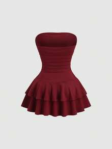 Sweetra Y2K Sexy Beaded Embroidered Floral Sweetheart Neckline Ruffle Hem Dress - Burgundy - View 2