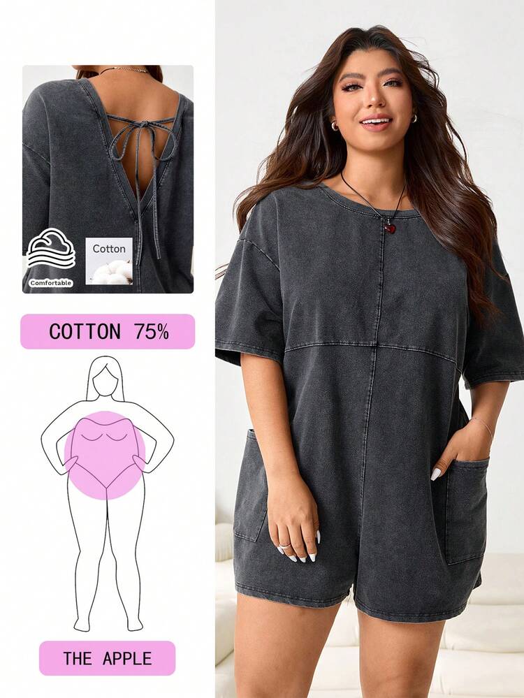 Solflare 2026 Novo Conjunto Casual de Primavera/Verão, Adequado para Passeio, Festa, Encontro, Aniversário, Festival de Música, Transporte, Férias, Casamento, Carnaval, Ano Novo, Streetwear, Manga Curta, Costas Abertas, Solto, Lavagem de Flocos de Neve Desgastada, Malha Elástica, Shorts, Preto e Cinza, Macacão Plus Size - Preto - Visão 1