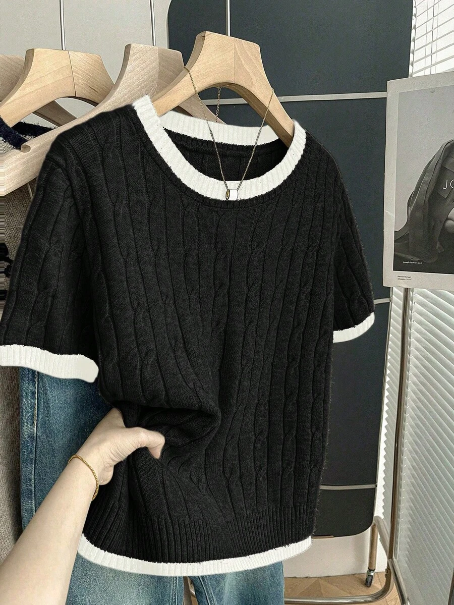 Franclia New Casual Loose Korean Style Round Neck Cable Knit Contrast Color Pullover Sweater For Women, Spring/Autumn - Black - View 1