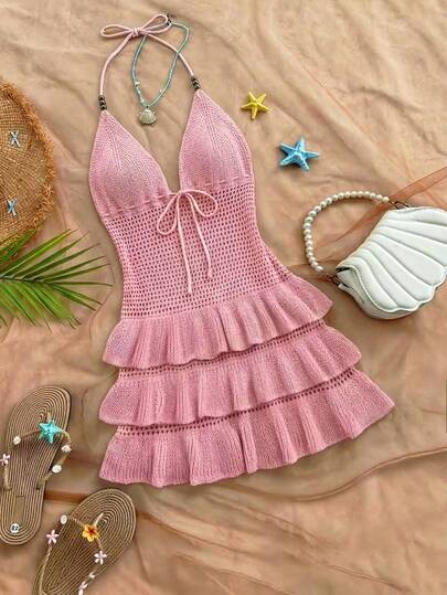 Nevyona New Sexy Bohemian Beach Vacation Style Halter Neck Tie Plunging V-Neck Beaded Layered Ruffle Hem Retro Romantic Bikini Beach Party Dress, Sweet & Lazy Vibe For Women