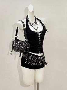 Jeanoix Women's Halter Neck Grommet Strap Design Sexy Punk Style Top For Dates And Outings - Black - View 3