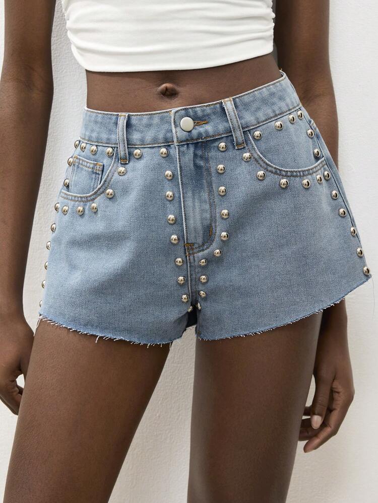 SHEIN Maija Women's Casual Light Blue Denim Shorts, Studded Shorts
