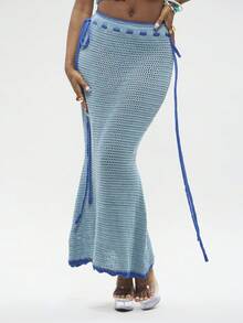 Modviera Women's Summer New Vacation Style High Waist Tie Knit Skirt - Blue - View 1