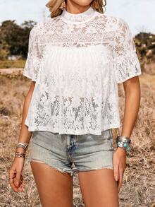 LanaWest Women's Summer Lace Ruffle Hem Sheer Short Sleeve Blouse - White - View 4