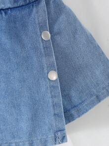 SHEIN Girls Casual Cute Outfit, Ribbed Turtleneck Vest With Rhinestone Bow + Denim Skort, Girls Spring/Summer Stylish Set - Black - View 7