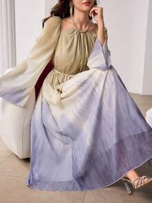 Modelyn 女士优雅浪漫长款雪纺连衣裙，带领，串珠抽绳腰带，春夏款 - 彩色 - 查看 1