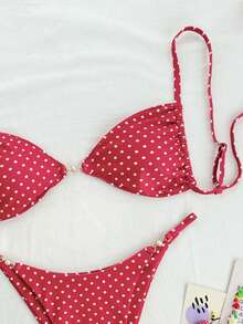Swim Mod Bộ 2 món bikini hai mảnh họa tiết hoa nhí nhiều màu sắc, có khóa ngọc trai bên hông, kiểu dáng cạp cao, thích hợp cho nữ, đi biển hoặc nghỉ mát. - Đỏ - Xem 4
