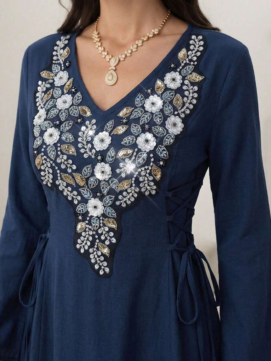 Đầm xòe kiểu Ả Rập thắt eo, thêu và đính cườm cầu kỳ dành cho nữ. - Xanh đậm - Xem 1