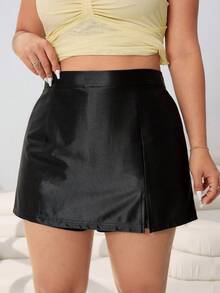 SHEIN EZwear 春夏新款缎面光泽高弹针织黑色加大码短裤，适合休闲外出、派对、音乐节、返校、毕业典礼、通勤、度假、街头穿搭、婚礼、逛店、城市漫步等多种场合。 - 黑色 - 查看 1