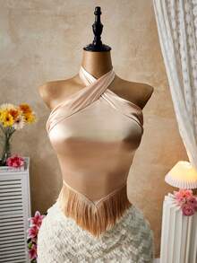Zolique Women's Solid Color Wrap Around Neck Backless Fringe Hem Fitted Sleeveless Blouse - Champagne - View 3