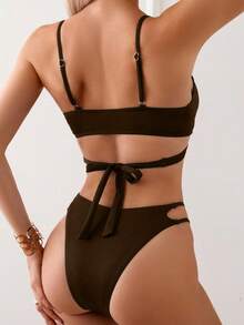 Swim Basics بكيني أحادي اللون للعطلة على الشاطئ - بني - مشاهدة 2