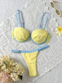 Swim Mod 女款可愛布料黃色素色比基尼套裝，配有肩帶與模壓杯設計，適合夏季泳池畔 - 黃色 - 查看 3