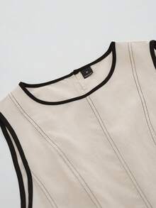 Aalyst Women's Solid Color Round Neck Black Contrast Trim Sleeveless A-Line Waist Elastic Adjustable Waist Seam Contrast Stitching Apricot Long Dress, Elegant French Retro Romantic Minimalist Formal Office Commute Business Casual Beach Holiday Street Style Afternoon Tea Comfortable Daily Casual Holiday Middle Eastern Spring Summer New - Apricot - View 6