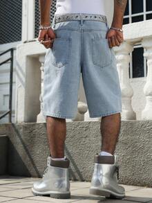 Manfinity EMRG Men's Casual Street Style Embroidered Blue Wide Leg Denim Shorts - Light Wash - View 2