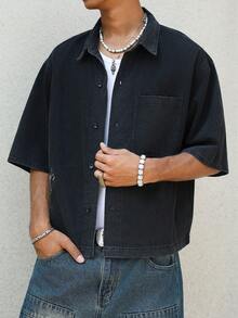 Manfinity EMRG Men's Casual Street Style Embroidered Loose Denim Short Sleeve Shirt - Black - View 6