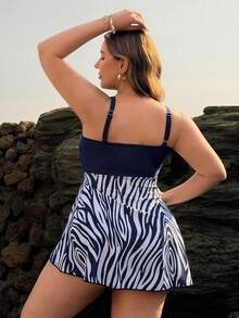 Swim Lushoire Traje de baño de una pieza para mujer talla grande, vestido con cuello redondo estampado como cobertura, traje de baño casual y estilizador para playa y vacaciones - Azul - Ver 2