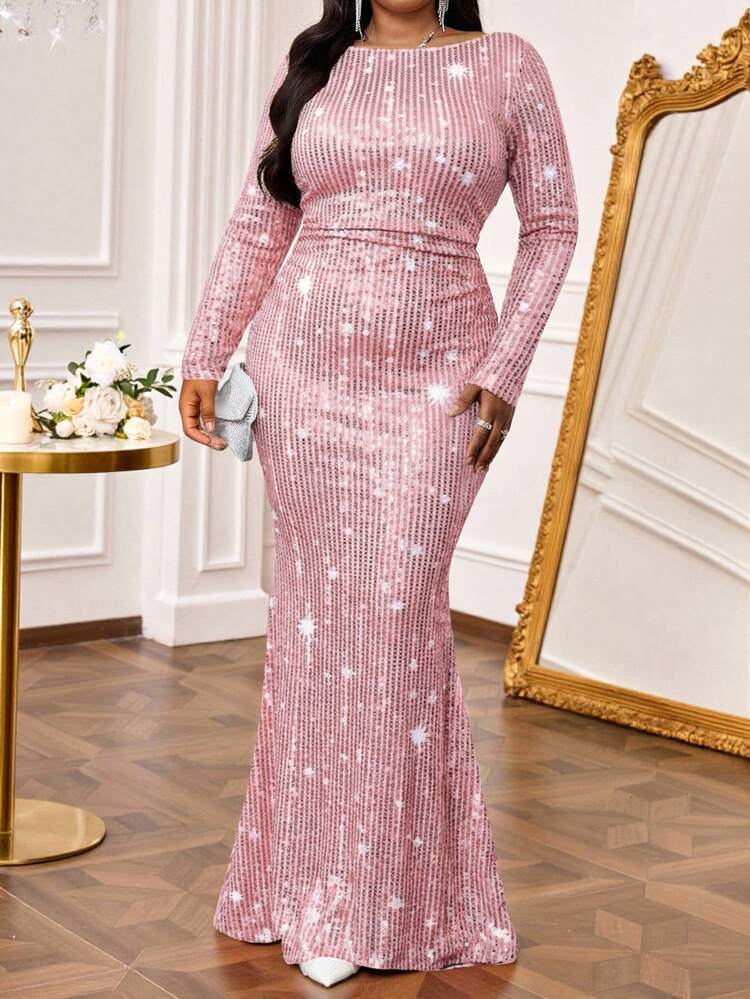 SHEIN Lady فستان مرايل مطبوع بالترتر مقاس كبير، ملابس حفلات عصرية - وردي - مشاهدة 4