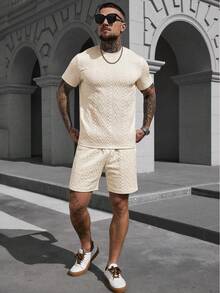 Manfinity CasualCool 男士圆领短袖T恤和抽绳腰带口袋短裤休闲日常穿搭；男士针织套装；奶油色男士套装；男士两件套；夏季男士两件套休闲短裤套装；钩针男士短裤套装；复古风格，适合日常休闲、周末旅行、户外活动、探险旅行、轻松的工作环境或半正式场合、送给男友/丈夫的礼物、周年纪念/生日礼物、派对、夏季假期、婚礼、春夏男士邮轮套装、游艇套装、沙滩套装 - 杏色 - 查看 6