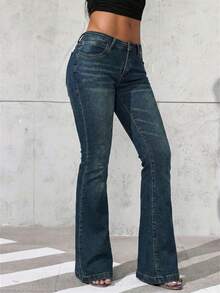 SHEIN ICON Women's Casual Washed Bowknot Rhinestone Embellished Low Waist Flare Jeans - Dark Wash - View 5