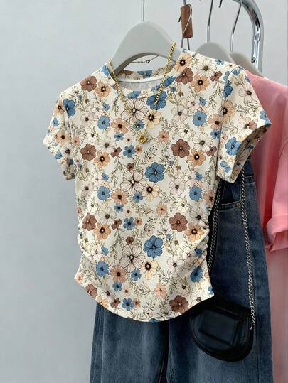 Franclia Summer New Arrival, Outdoor Wear, Women's T-Shirt, Waist Cinching Slimming Short Sleeve T-Shirt, Ditsy Floral Pattern, Elegant Mature Style, Graphic Design, Daily Casual, Outdoor