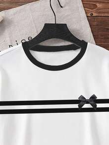 女童夏季休闲百搭日常通勤圆领短袖宽松黑白撞色蝴蝶结针织T恤 - 粉色 - 查看 3