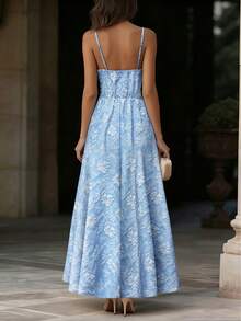 Ellegaria. 欧美优雅V领收腰A字提花长裙，女士款 - 藍色 - 查看 2