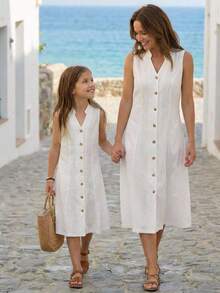 Emery Rose Kids Emery Rose Kids 少女纯色立领连衣裙 - 白色 - 查看 1