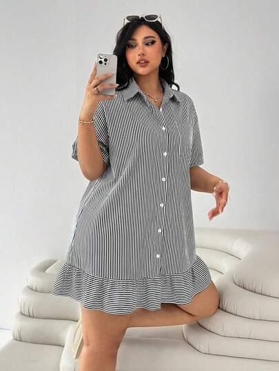 Solflare Vestido casual holgado de manga corta con volantes en el bajo y empalmado, a rayas azul marino y blanco, adecuado para ir al trabajo, volver al colegio, uso diario casual, citas, salidas