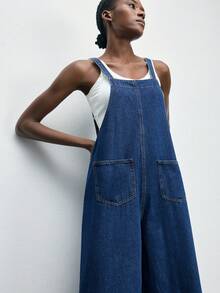 Maija Women's Denim Overalls, Summer Casual Suspender Jumpsuit, Reversible, Summer Fisherman Pants, Loose Straight Leg Pants - Medium Wash - View 3