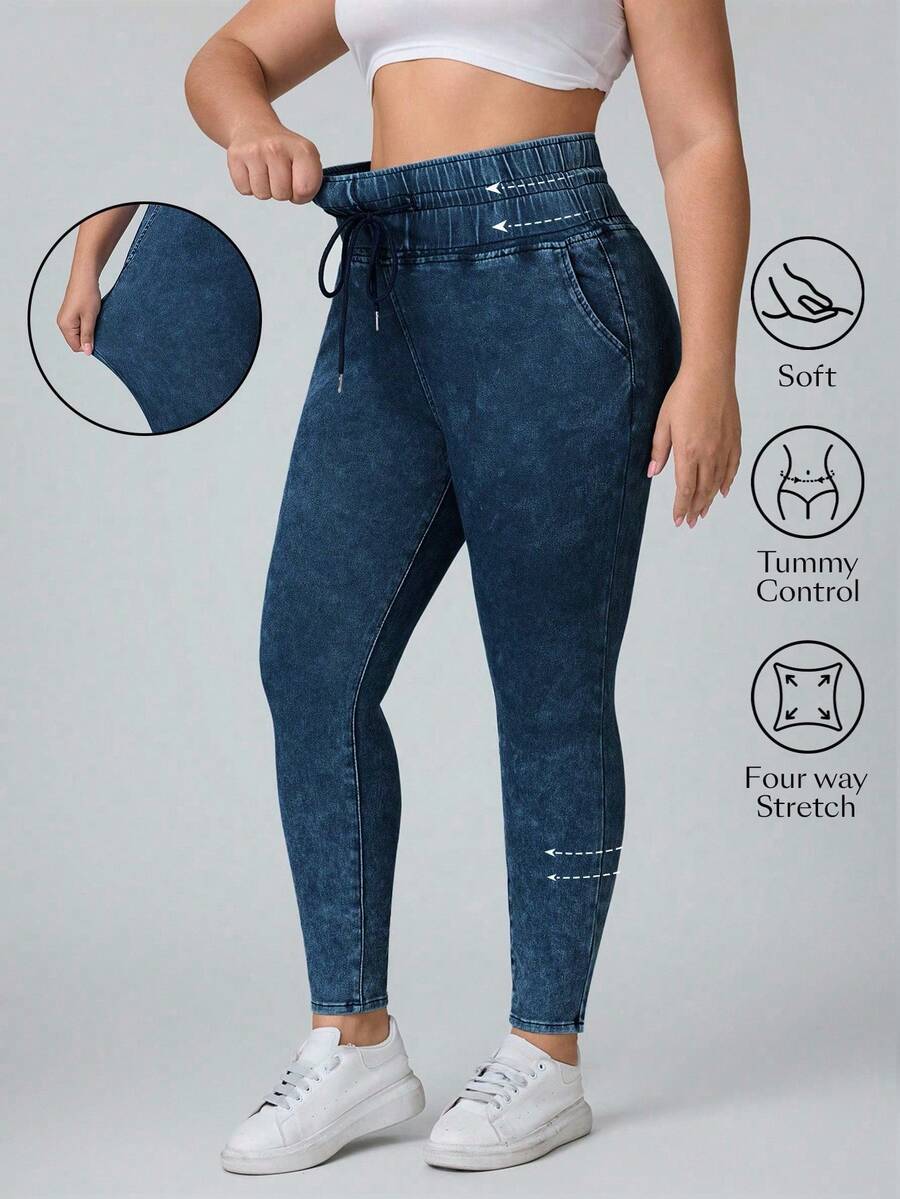 Flexra Plus Size Solid Color Drawstring Waist Elastic Slant Pocket Skinny Jeans - Dark Wash - View 1