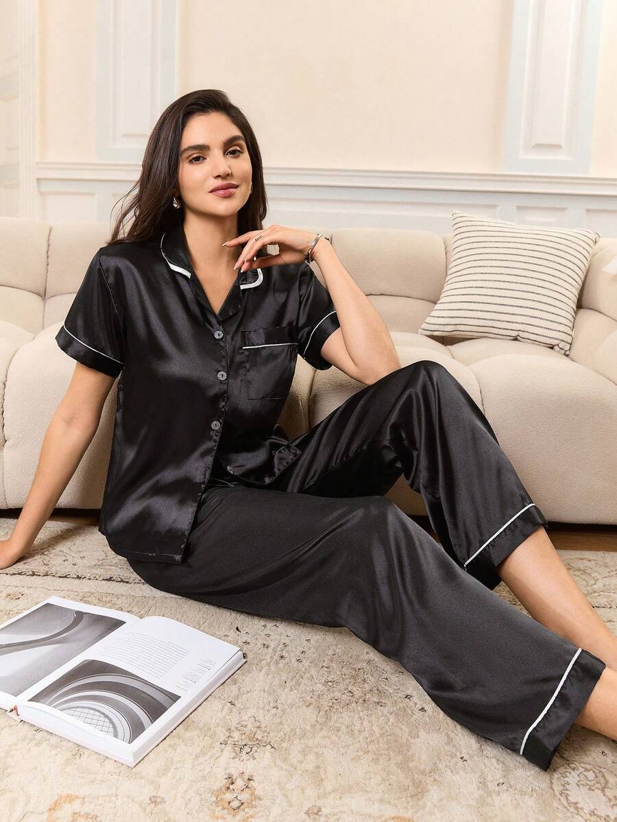 成熟优雅迷人撞色翻领开襟睡衣套装（女士款） - 黑色 - 查看 1
